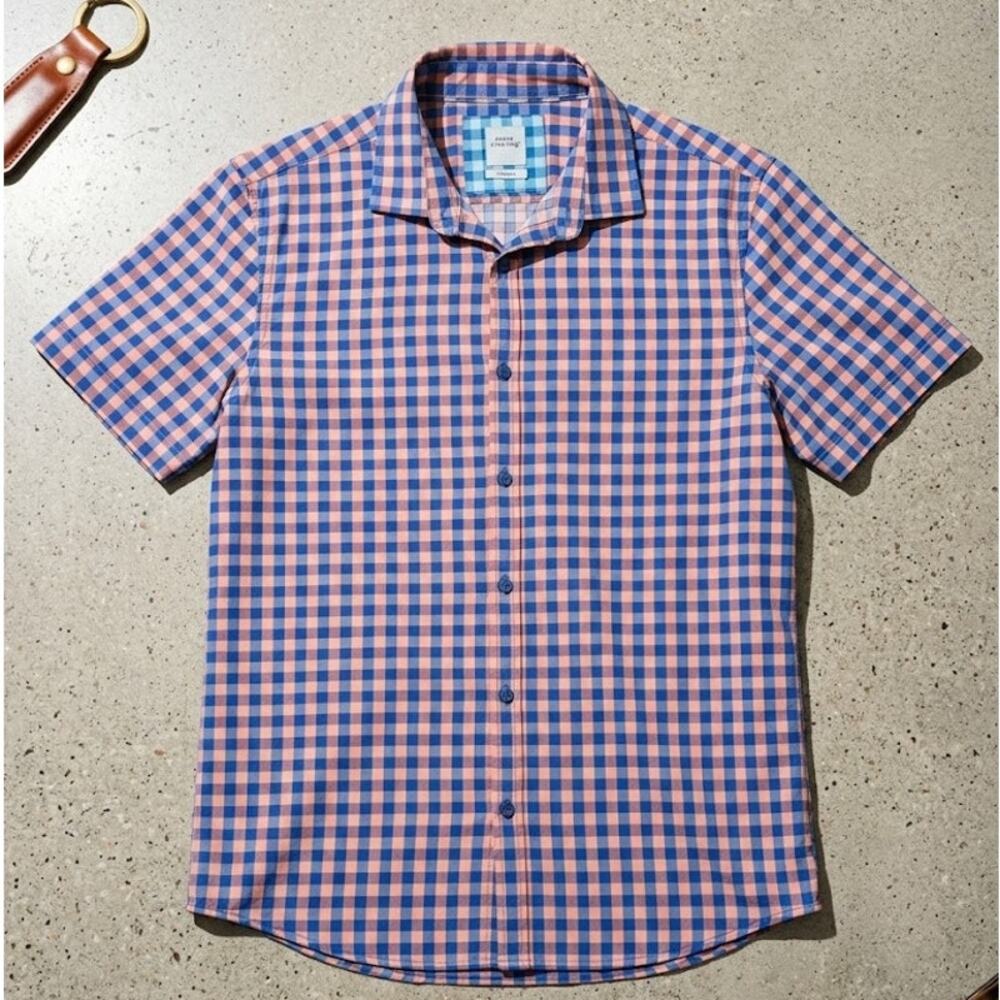 Essex Crossing Mens Checkered Stretch Short Sleeve Shirt Plaid (Measures Large)